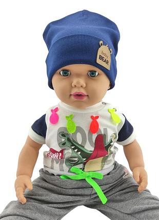 Шапка дитяча трикотажна подвійна демісезонна дитячі головні убори синій (шд427) 48 розмір