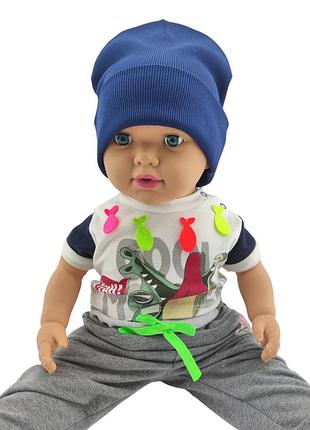 Шапка детская трикотажная двойная демисезонная детские головные уборы синий (шд387) 52 размер