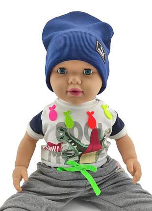 Шапка дитяча трикотажна подвійна демісезонна дитячі головні убори синій (шд426) 50 розмір