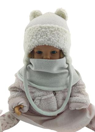 Детская вязаная шапка теплая с флисом хомутом с завязками детские головные уборы серебро (шдт298) 52 размер