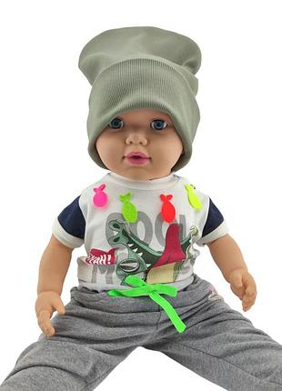 Шапка дитяча трикотажна подвійна демісезонна дитячі головні убори хакі (шд389) 50 розмір