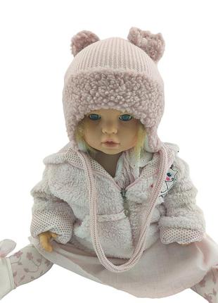Детская вязаная шапка теплая с флисом на завязках детские головные уборы розовый (шдт289) 46 размер