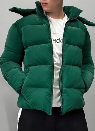 Куртка пуховик унісекс чоловіча коротка середня з капюшоном стьобана зелена смарагдова изумруд
