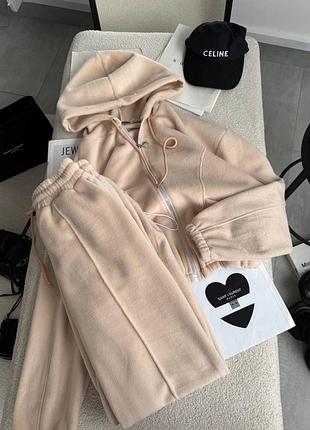 Повсякденний жіночий флісовий спортивний костюм укорочений зіп худі на блискавці з капюшоном та штани палаццо вільного крою по низу на затяжках