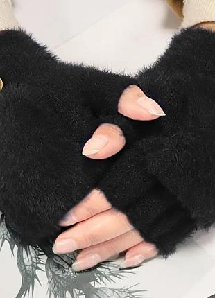 Плюшеві рукавички варежки теплі осінь зима, напів пальці з закриванням чорний