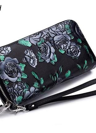 Жіночий гаманець на блискавці з натуральної шкіри з малюнком. срібна троянда