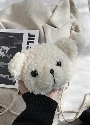 Детская сумка через плече плюшевая "медведь" (тедди, мишка, медвежонок) каракуль, wuke белый