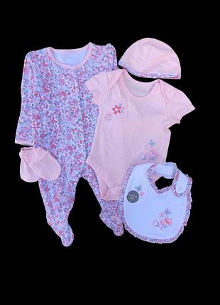 Комплект 5в1: чоловічок, боді, шапочка, царапки, слюнявчик "квіточка", інтерлок тм "little nutmeg"