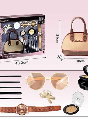 Набор аксессуаров 656-7 (36) сумочка, имитация косметики, часы, очки, кисточки, крабик, в коробке для малышей
