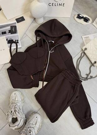 Костюм тройка на флисе топ/корсет штаны кофта ▪️цвет: черный, пудра, графит, шоколад, серый меланж