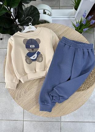 Теплий дитячий костюм для хлопчика з начісом: кофта та штани з принтом ведмедика розмір 86 (од1063)