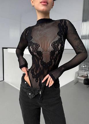 ⭐⭐⭐⭐⭐ 
трендовий закритий ажурний боді з довгим рукавом a154
