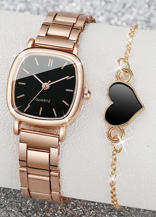 Женские кварцевые часы на металлическом ремешке quartz, набор часов + браслет, золотистый