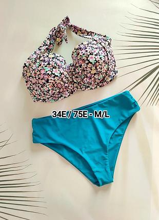 34e/75e- m/l новий купальник балконет з чашками на паралоні на кісточках плавки високі