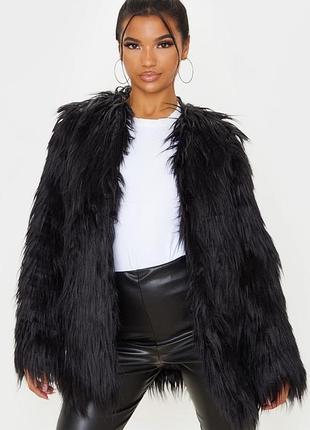 Шуба из искусственного меха prettylittlething uk 10 (m) черная эко-мех
