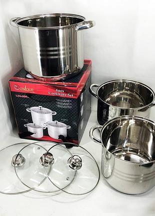 Набор больших кастрюль unique un-5041 из нержавеющей стали 5-ти слойным дном с крышками