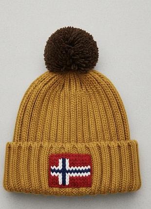 Тепла зимова шапка napapijri з помпоном (гірчична) 🧶