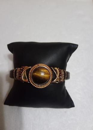 Женский кожаный браслет. вставка, тигровый глаз
