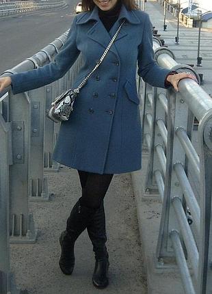 Пальто тренч сіро-блакитне жіноче ззаду шлиця тепле бренд sisley франція осінь-весна-демі двобортне  44 46