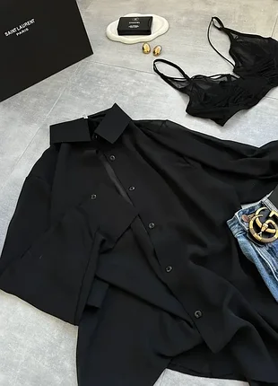 Стильна елегантна чорна сорочка в стилі білизни зі стійкою ліоцел тканиною