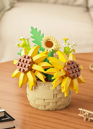 Конструктор блоковый детский фигурка цветы подсолнухи в вазоне 162 детали