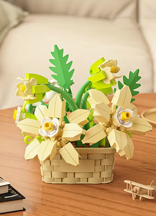 Конструктор блоковый детский фигурка цветы в вазоне 181 детали