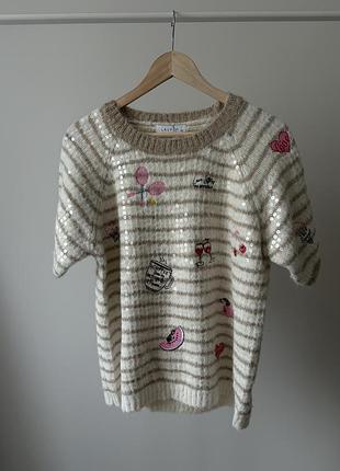 Шикарна кофтинка в полоску з нашивками італія беж