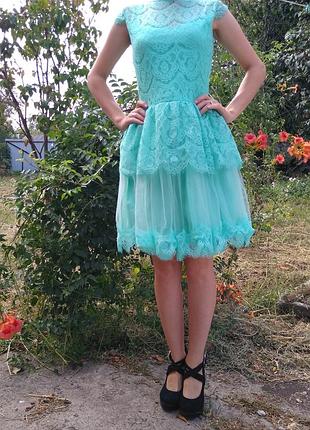Платье гипюровое бирюзовое нарядное