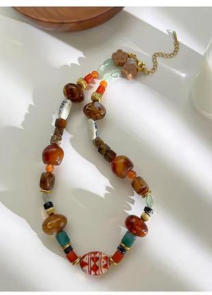 Колье «ethno chic» с орнаментом и натуральными камнями из нержавеющей стали