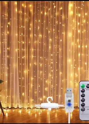63 гирлянда 200l 3*2m штора роса usb + крючки + пульт белый