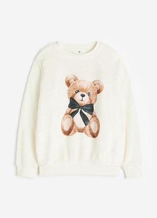 Теплий плюшевий світшот h&m 122/128 на 6/8 років, білий з тедді мішкою