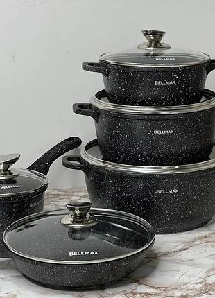 Набір посуду з гранітним антипригарним покриттям bellmax bm-305 з 12 предметів чорний