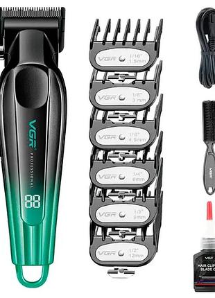 Акумуляторна машинка для стрижки vgr v-662 green, 7000 rpm, 6 насадок, led дисплей