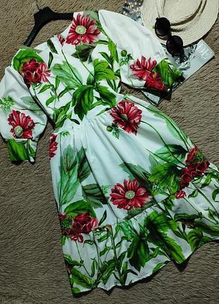 Красивое цветочное платье миди с оборкой и объемными рукавами/платье