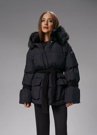 Пуховик жіночий зимовий з опушкою a.lingerie чорний зі структурою креш штучний пух хл
