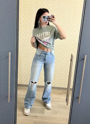 Жіночі джинси bershka, широкі джинси рвані, джинси вільного крою палаццо брюки широкі трикотажні, джинси оверсайз з широкими штанами