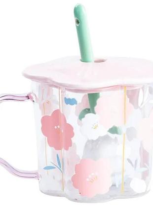 Чашка стеклянная 500 мл с ложкой и крышкой розовый hp7213p