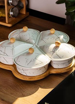 Менажница фарфоровая на вращающейся подставке 5 секций белая hp-1217