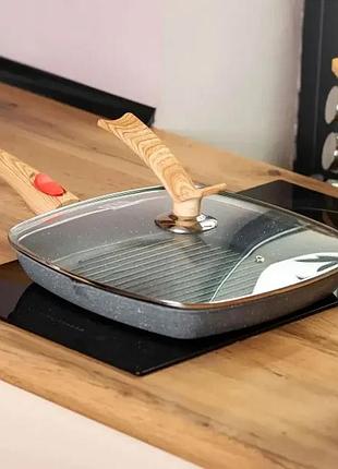 Алюминиевая сковорода-гриль 28 см со стеклянной крышкой квадрат серый mgc hp-4-462g