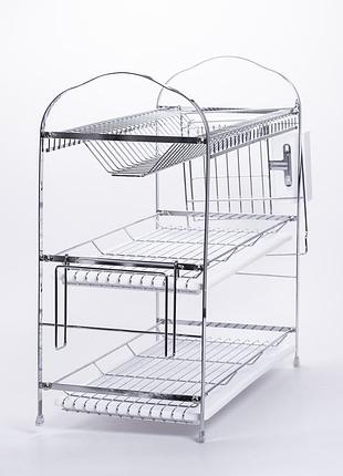 Сушилка кухонная из хромированной стали трёхъярусная с поддонами и держателями hp-46-12