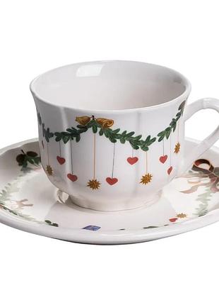 Чашка з блюдцем новорічна порцелянова з різдвяним принтом «різдвяна гірлянда» yy78-11a-4