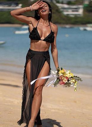 Жіночий роздільний купальник трійка з спідницею парео купальник з фатиновими квітами s m