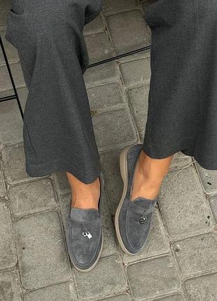 Темно сірі графітові замшеві лофери жіночі натуральна шкіра