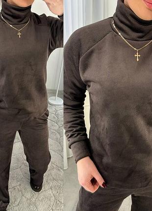 Велюровий брючний костюм жіночий теплий на флісі на хутрі зимовий на зиму повсякденний палаццо штани светр бежевий чорний сірий коричневий