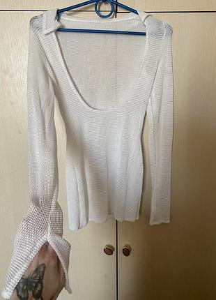 Лонгслів топ відкрита спина з воланами рукавами з розрізами сітка напівпрозорий по фігурі білий shein xs