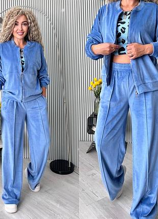 Очень красивый уютный костюм велюр, оверсайз, широкие брюки палаццо и зп худи, свитшот, спортивный брючный