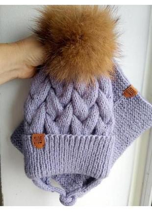 Зимний комплект шапка и хомут с натуральным большим балабоном на 3-5 лет