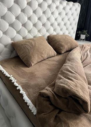 Плюшева тепла постільна білизна. євро розмір. зимова постільна білизна. рвана махра. простирадло на резинці. коричневий колір.