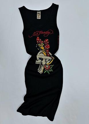 Женское винтажное черное платье в утяжелием в рубчик скелет ed hardy оригинал