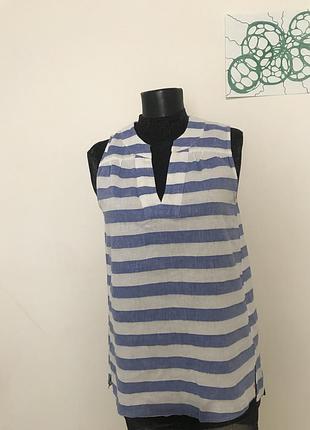 Жіноча льон котон майка у смужку & біло-синя з в-образним вирізом & без рукавов у морському стилі)